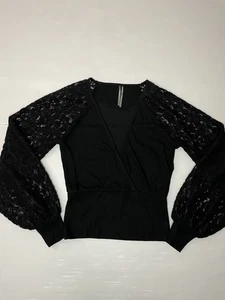 By Anthropologie S Black Lace Sleeve Sweater Faux Wrap Top - Picture 1 of 10