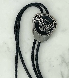 Western Bolo Tie Black Braided Cord Silver Eagle Slide Rodeo Cowboy Style - Picture 1 of 5
