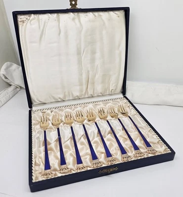 JUEGO 8 TENEDORES DE MARISCOS ELA ESMALTE AZUL COBALTO PLATA ESTERLINA DORADA,ORIG. CAJA Foto 1 de 4