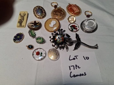 Vtg Cameo Jewelry Brooch  Ring Earrings  Reverse Intaglio Glass + 17pc LOT 10 - Image 1 of 4
