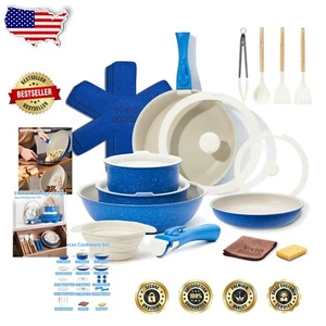 22-Piece Nonstick Ceramic Cookware Set - Space-Saving Blue Induction Solution - Picture 1 of 9