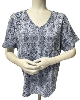 NWT Karen Scott Women's Blue Paisley V -Neck Short Sleeve Stretch Tee Sz XL - Image 1 of 4