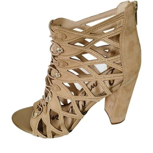 SAM EDELMAN Sz 8.5 Yeager Bootie Cage Leather Sandal Oatmeal Cutout Block Heel - Picture 1 of 9