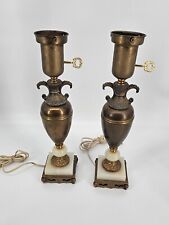 Vintage Neoclassical Table Lamps Pair Slag Glass Agate Urn Brass Metal Boudoir 