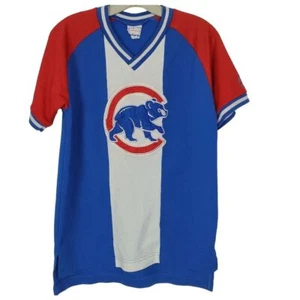 VTG Majestic Chicago Cubs Mens S Blue Pullover Stripe Jersey Shirt SS Vneck - Picture 1 of 7