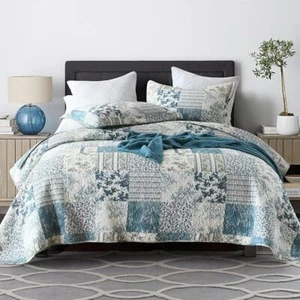 Cotton Bedspread Quilt Sets Reversible Coverlet Queen Size Blue Rustic Floral - Picture 1 of 11