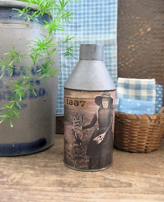 Primitive Early Antique Pantry Tin w Old Photo Print Girl Feeding Deer - Image 1 of 4