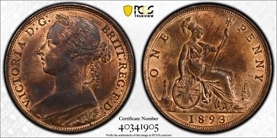 Great Britain 1893 Penny PCGS MS63 RB S-3954 - Image 1 of 3