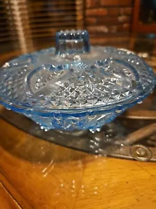 Vintage Indiana Glass Blue Candy Nut Dish Diamond Point Pattern Valentine Heart - Picture 1 of 6