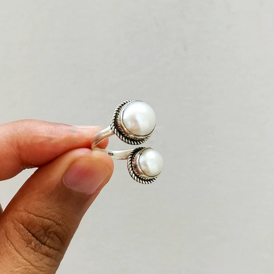 Pearl Solid 925 Sterling Silver Statement Handmade Lovely Ring, All Size M1297 - Image 1 of 4
