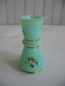 Vtg aqua blue Opaline glass 3 1/2" miniature vase Handpainted enamel milk glass - Picture 1 of 6