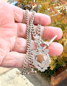 Heavy Silver & Gold Fob Curb Link Chain/Necklace - RS - Birmingham - 1913 / 15 - Picture 1 of 24