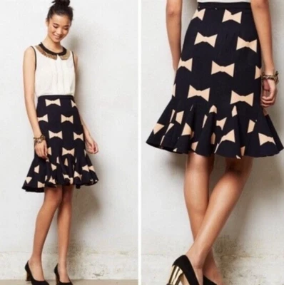 Eva Franco Anthropologie Bow Tie Skirt Size 10 Black Tan Peplum Whimsy Twee NWT - Image 1 of 4