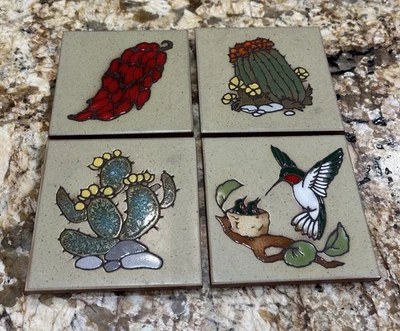 Lot of 4 Vtg Art Tile Cleo Teissedre Ceramic Southwestern Trivet Coaster - Image 1 of 4