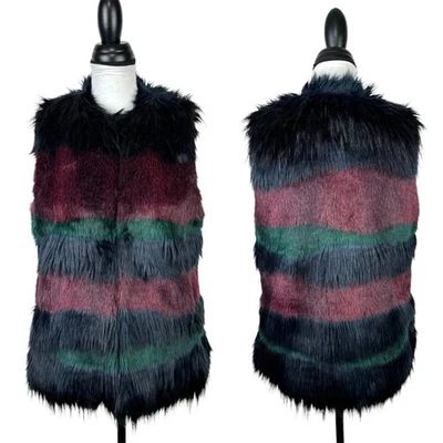 Gianni Bini S 勃艮第翡翠条纹柔软人造毛皮超大衬里背心 — 第 1/4 张图片