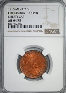 1915 Mexico Chihuahua Copper Liberty Cap 5C Centavos NGC MS64RB - Picture 1 of 5
