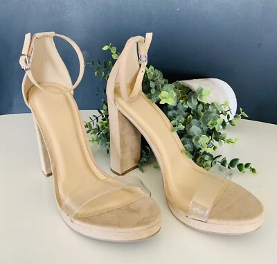 NUEVO EN CAJA Sandalias de plataforma para mujer talla 10 EE. UU. Gamuza tostada Tacón bloque Correa de punta abierta transparente Foto 1 de 4
