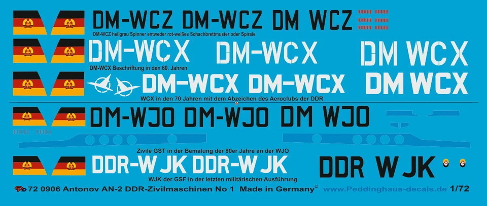 Peddinghaus 1/72 0906 Antonov An-2 Decalssatz DDR Zivilmaschinen Set 1 Trumpet - Immagine 1 di 1
