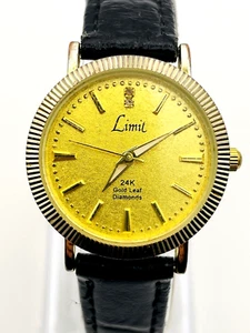 Vintage Limit Ladies 24k Gold Leaf 2 Diamonds Watch Leather Strap - Picture 1 of 8