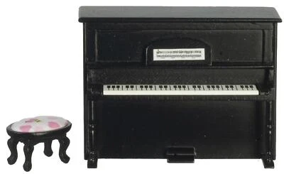 Dolls House Black Upright Piano & Floral Bench Miniature Music Room Furniture - Image 1 of 4