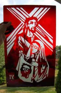+ Glasmalerei + Ätzglasfenster + Christus mit Kreuz + + Kelch Co. - Bild 1 von 5
