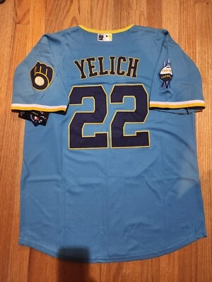 NUEVO CON ETIQUETAS Jersey Adulto Personalizado Cerveceros @22 Christian Yelich Talla S-2XL Azul *Nuevo Foto 1 de 2