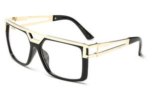 Gloss Black Clear Lens Square Sun Glasses Gold Metal Accents Trendy Hipster - Picture 1 of 4