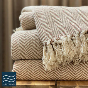 100% Cotton Natural Beige Herringbone Large Sofa Bed Throw Blanket Fringed Tweed
