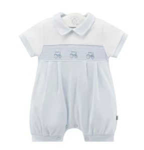 TUTE ESTIVE PER BAMBINI BAMBINI PANTALONI CORTI BLU COTONE SMOCKED TUTA ESTIVA TRATTORI DESIGN - Foto 1 di 3