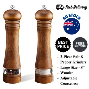 2-Piece Salt and Pepper Grinder Set, 8 Inch Wooden, Adjustable Coarseness NEW AU - Picture 1 of 7