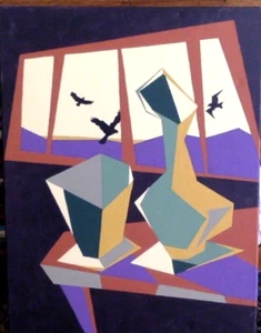 Abstraktes kubistisches Zimmer mit Fenster von Evan Johnson Original Gemälde Leinwand 18x24 - Bild 1 von 9
