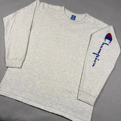 Champion Long Sleeve T-Shirt Men's XL Grey 90's Vintage Graphic Sleeve Spellout - Image 1 of 4