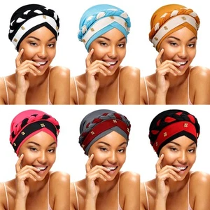 6 Pcs African Turban Head Wraps for African Women Solid Color Beanie Headscar... - Picture 1 of 7