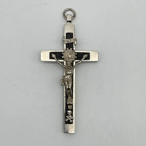 Vtg Pectoral Crucifix Cross Pendant Skull Crossbones Germany Large Ebony 3" - Picture 1 of 9