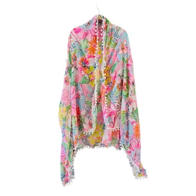 Lilly Pulitzer x Target Floral Pom Pom Kimono Beach Cover Up Tropical OS Preppy - Image 1 of 4