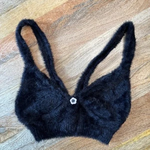 For Love & Lemons Fuzzy Bralette Womens Small Black Faux Fur Knit Flower Button - Picture 1 of 16