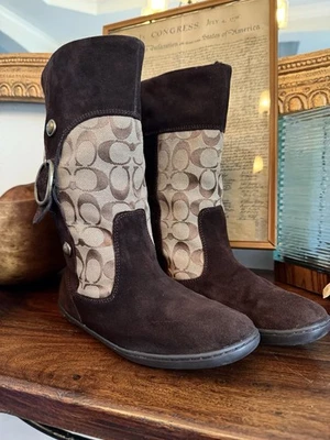Botas de gamuza Coach Brand Meyer caqui castaño marrón logotipo C firma talla 7,5B Foto 1 de 4
