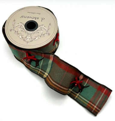 D. Stevens Fine Ribbons ~ Christmas Plaid ~ Embroidered Dog w/ Bow & Bell~ 5 Yds - Image 1 of 4