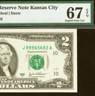 2003A $2 Federal Reserve Note PMG 67EPQ high serial number Kansas City Fr 1937-J - Image 1 of 3