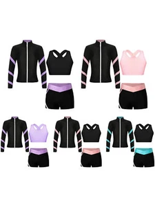 Kids Girls Outfit Stripe Set V-front Shorts Tracksuit Contrast Color Sets Shiny - Picture 1 of 57