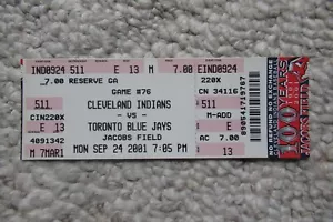 INDIANS VS BLUE JAYS 9/24/2001 FULL TICKET ~ MONDESI/ALOMAR/CABRERA HRs - Picture 1 of 1