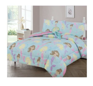 New 3 Piece Girl's Twin Size Comforter Set Mermaids Fitted Sheet Pillow Case Bed - Picture 1 of 2