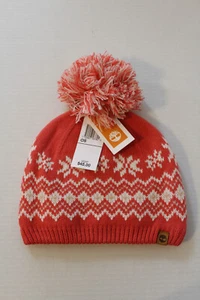 NWT Timberland Coral Fair Isle Beanie Knit Pom Hat Sherpa Fleece Lined One Size - Picture 1 of 9