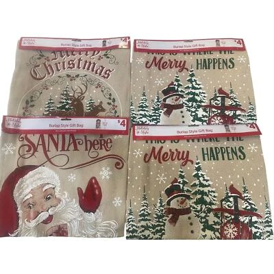 New 4 Pack Burlap Style Santa Sack Christmas Gift Bag Decoration Reindeer Snowmn - Image 1 of 4
