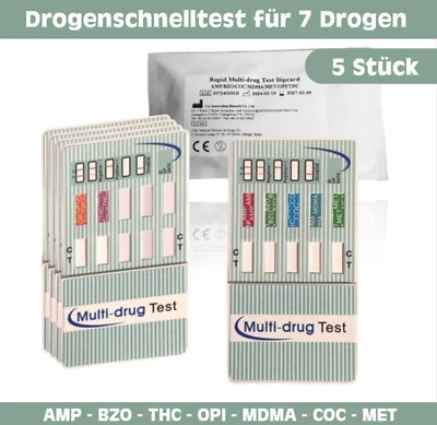 5x Drogenschnelltest - 7 Drogenarten: AMP BZO COC MDMA MET OPI THC - Bild 1 von 2