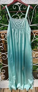 Vintage Vanity Fair Sz M Long  Satin SILKY MCM Nightgown Slip Dress Teal Turq - Picture 1 of 9