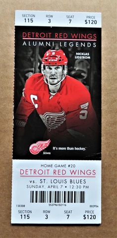 Red Wings Nicklas Lidstrom ticket stub Apr 7, 2013 - Wings vs St Louis Blues Cover