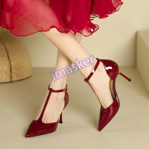 Sexy tacones de aguja altos charol hebilla correa en T punta en punta para mujer fiesta - Imagen 1 de 27