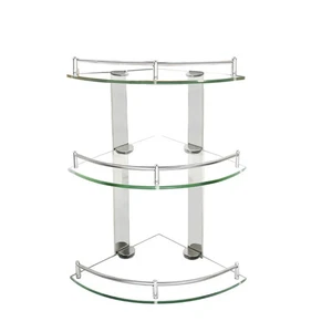 3 Tiers Bathroom Tempered Glass Corner Shelf with Steel Rail Wall Mounted, WH107 - Picture 1 of 1
