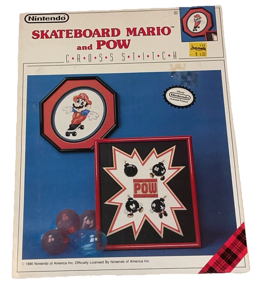 1990 Vintage Nintendo Super Skateboard Mario & Pow Counted Cross Stitch Pattern - Image 1 of 4